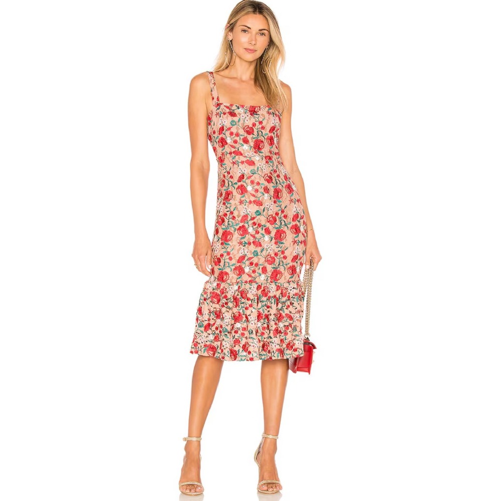 Lovers + Friends XS Under The Stars Midi Nude Red Floral Dress Crochet Romantic - Picture 11 of 13
